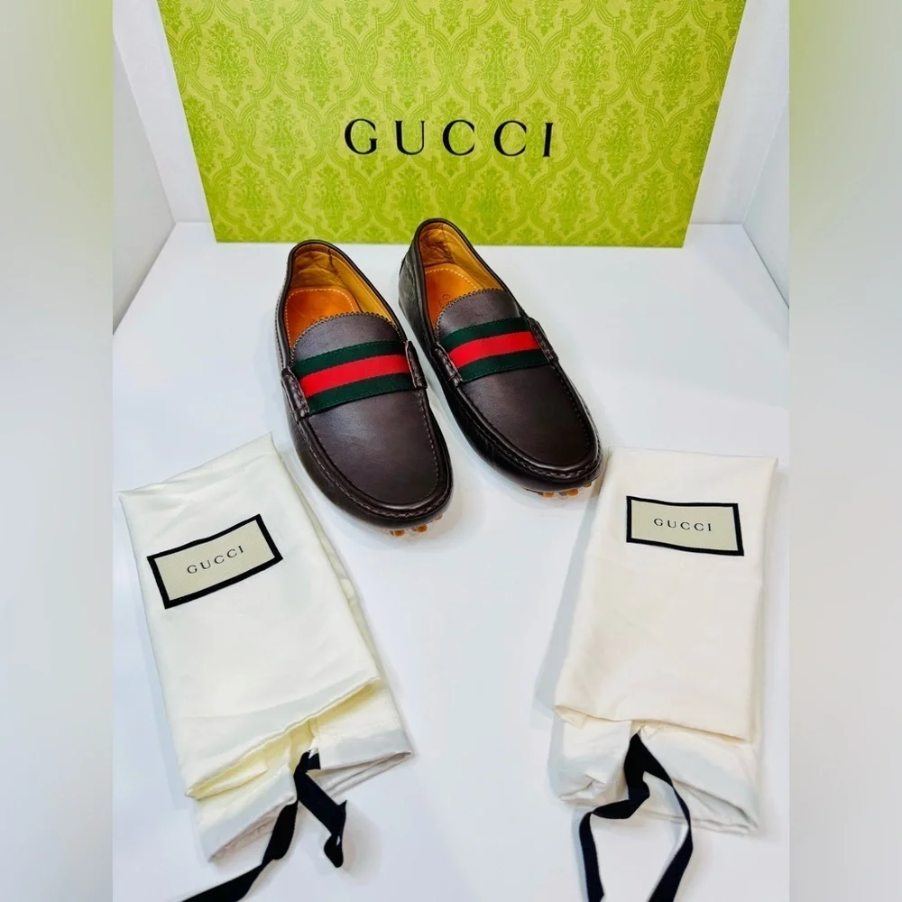 Men’s Gucci Web Accent Leather Drivers Moccasin Dark Brown Size 8.5 New no Box!